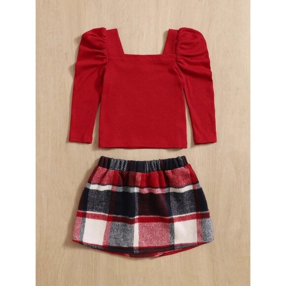 NWT SHEIN Baby Gigot Sleeve Top & Plaid Print‎ Asymmetrical Hem Skirt Size 2-3Y - Picture 2 of 7